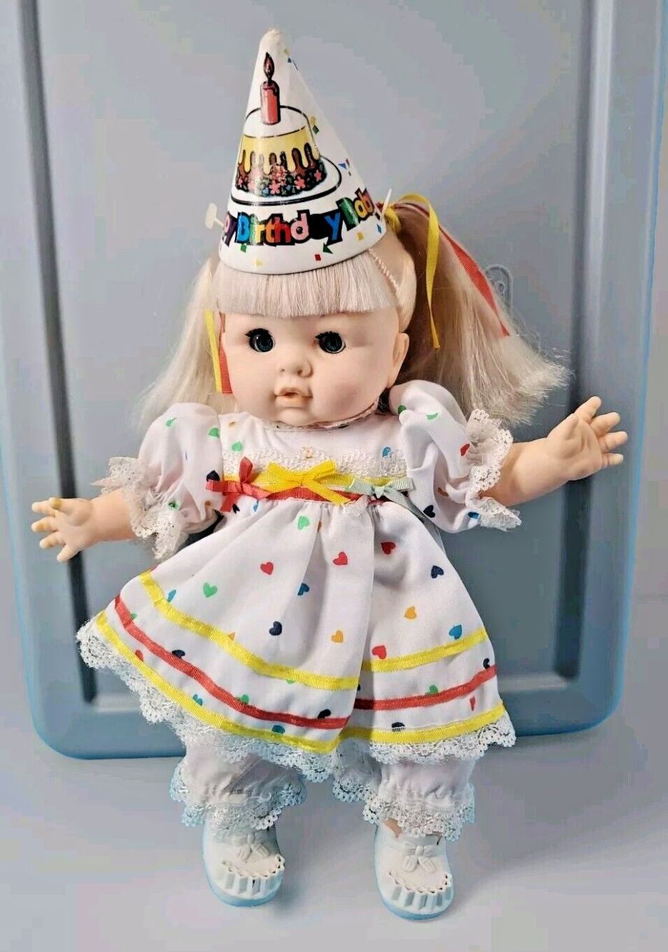 Birthday Girl Doll 12" Blonde Pig Tail  Dressed Party Hat Vintage Sleepy Eyes